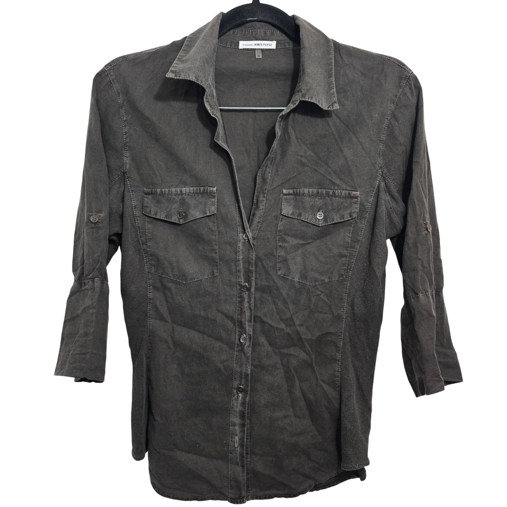 James Perse Standard Brown Utility Button Up Shirt 3/4 Roll Tab‎ Sleeve Size 3
